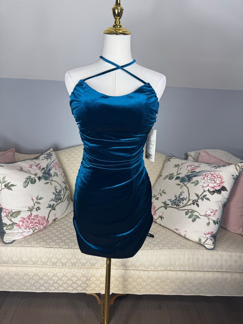 Velvi Marilyn Mini Dress Small Teal Velvet Ruched Lace Up Back NWT